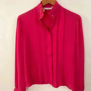 VTG Women's Sz.12 Sheer Puff-Sleeve Blouse Hot-Pink Pleated Front Victorian